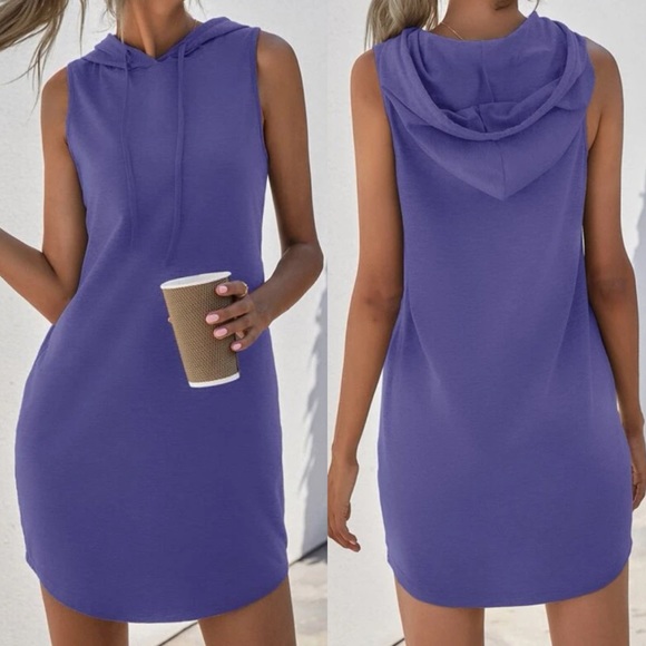 Casual navy blue sleeveless hoodie dress - Picture 9 of 12